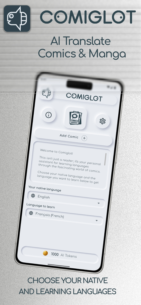 AI Comic Translator: Comiglot - Comiglot app screen for choosing native and learning languages for AI comic translation