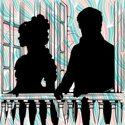 realistic regency era man and woman on balcony