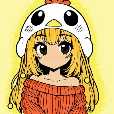 anime girl with chick shaped hat with sweater with bare shoulders with bangs covering them one eye with low tail