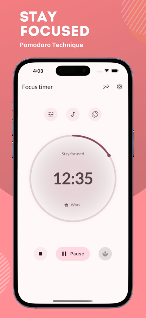 Pomodoro Focus Timer Pro - スマートフォン画面上のミニマルなPomodoroタイマーインターフェース。カウントダウンと一時停止ボタンが表示された集中作業セッションを示しています。