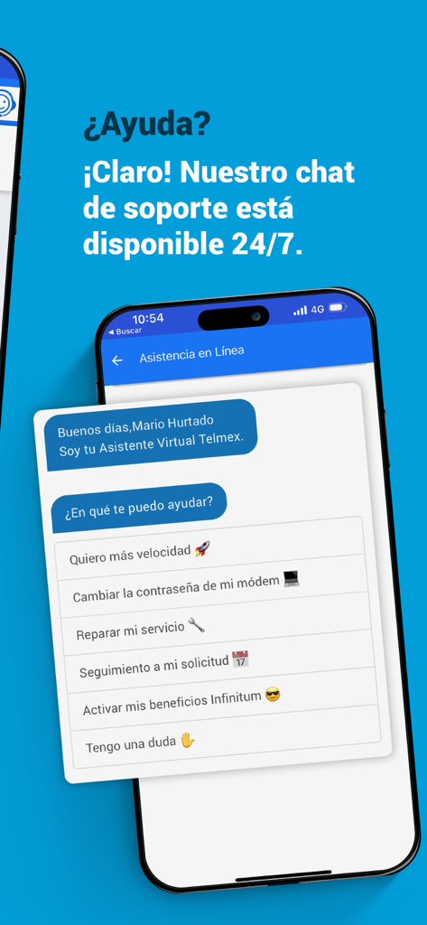Interface of the Telmex app showing the 24/7 online chat support and virtual assistant options in Spanish.
