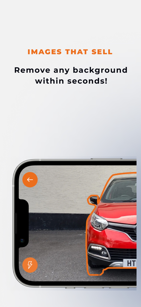 Car Studio AI: Used Car Photos - Car Studio AI app interface demonstrating instant background removal for a red used car photo on a smartphone screen