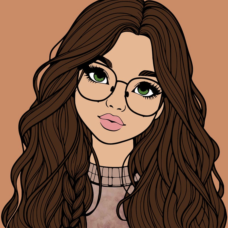 girl with long hair and freckles and glasses realistic