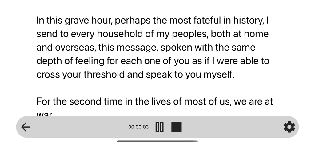 TCQI Teleprompter App-Oberfläche, die ein gesprochenes Skript mit Wiedergabe- und Geschwindigkeitsreglern anzeigt.