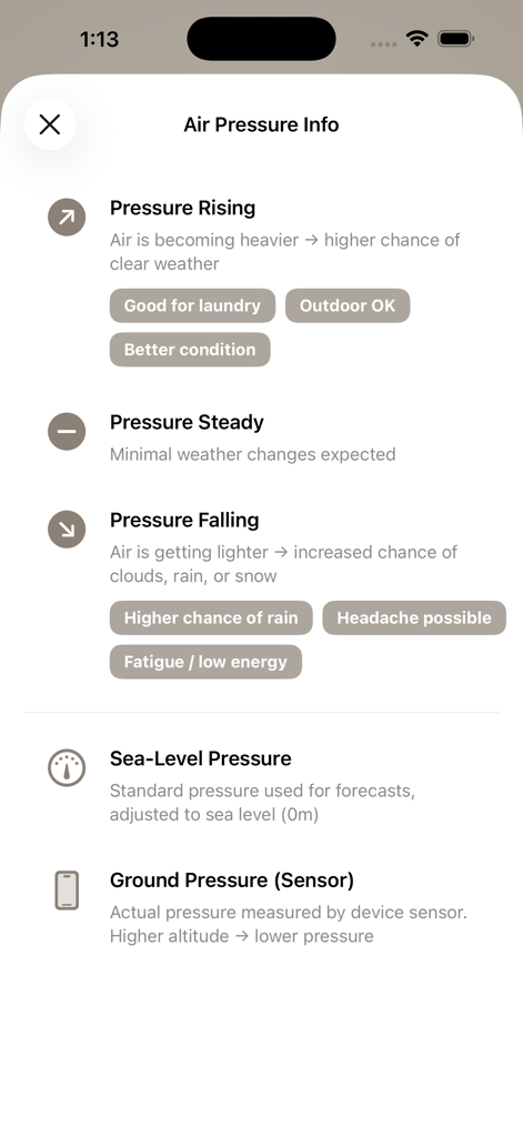 Air pressure information screen displaying weather trends and health impact tips.