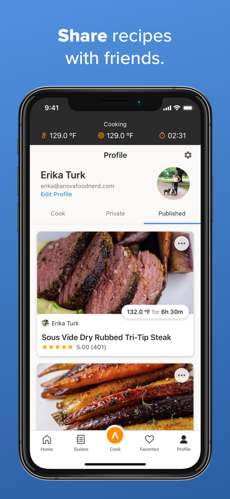 La interfaz de la aplicación Anova Culinary que muestra un perfil de usuario con recetas sous vide publicadas y un mensaje para compartir recetas con amigos