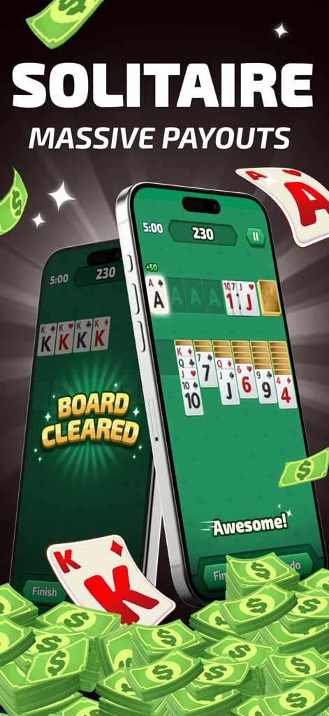 Cash Legends™: Win Real Money - Tela do jogo Solitaire do Cash Legends mostrando enormes pagamentos em dinheiro