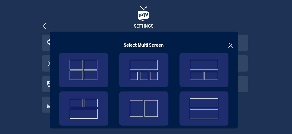 IPTV Smart Pro - Live TV - Menü zur Auswahl des Multi-Screen-Layouts in der IPTV Smart Pro App