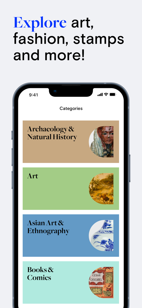 Catawiki mobile app interface showing auction categories like Art and Archaeology