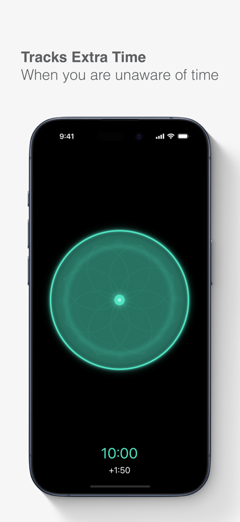 Meditate - Mindfulness app - A glowing green mandala on an iPhone screen showing extra meditation time being tracked