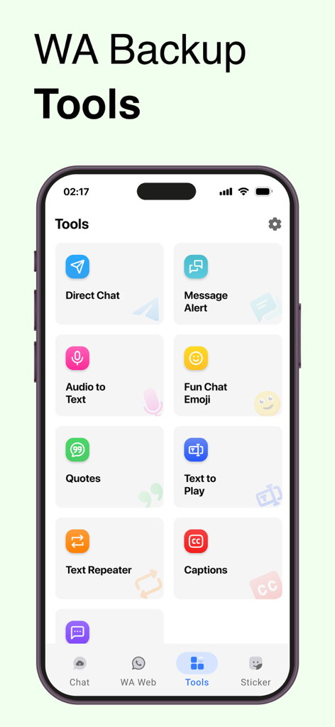 Recover Deleted Messages WARM - Dashboard of WhatsApp utility tools including audio to text and direct chat