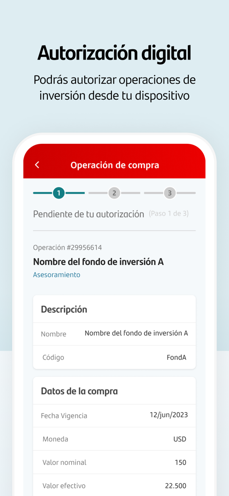 Santander Inversiones Uruguay - Pantalla de la app móvil mostrando el proceso de autorización digital para la compra de una inversión en USD.