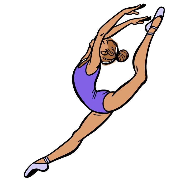 gymnast doing a leap in a leotard with a bent back leg