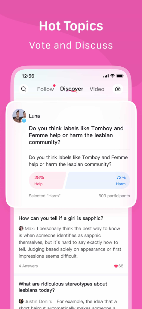LesPark - Lesbian Community - Pantalla que muestra Temas Candentes en la aplicación LesPark con una encuesta comunitaria sobre etiquetas de identidad.