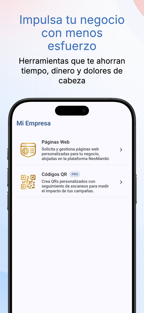 Sección de herramientas empresariales en la aplicación Neo Mambi mostrando opciones para creación de sitios web y códigos QR personalizados