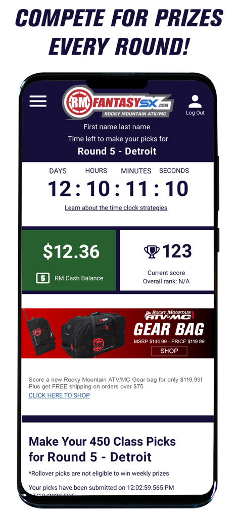 RMFantasy app interface showing a countdown timer for the Detroit round and user rewards