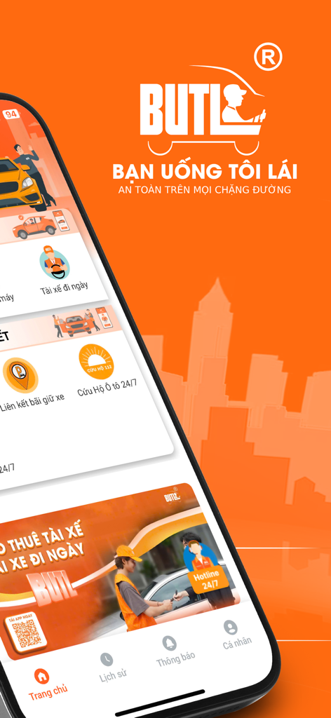 BUTL mobile app interface showing chauffeur services and car rescue options on an orange background
