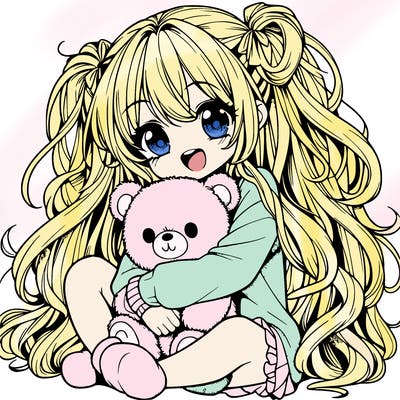 manga girl, long curly hair, happy, cuddling a teddy bear