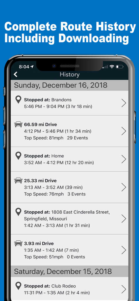 A detailed log of driving history showing mileage top speed and stop locations in the Chirp GPS app