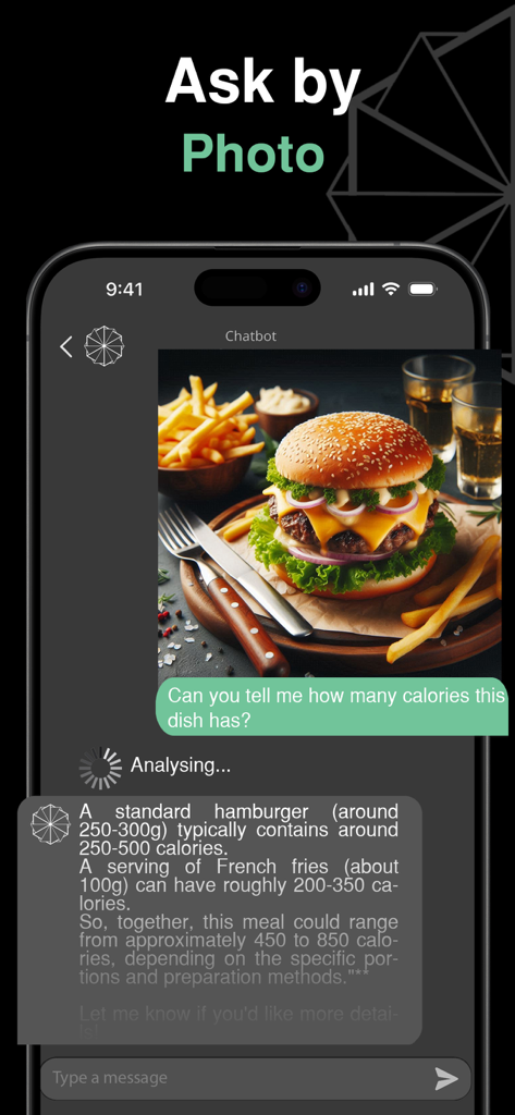 ChatAI - RAG & AI Agents - Interface do aplicativo móvel ChatAI demonstrando contagem de calorias a partir de uma foto de um hambúrguer e batatas fritas