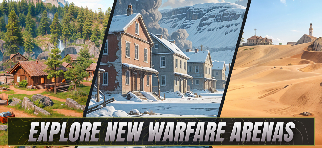 Tanks Blitz: Battle Tank Games - Exhibición de diferentes entornos de juego, incluidas arenas de guerra en bosques, nieve y desiertos en Tanks Blitz.