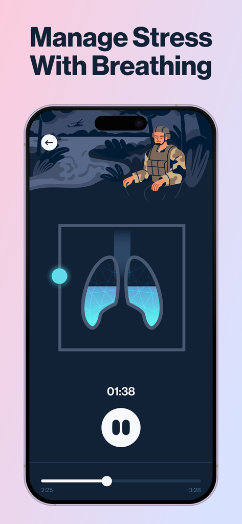 Anxiety Relief: Calmer - Interfaz de ejercicio de respiración guiada en la aplicación de alivio de la ansiedad Calmer que muestra un diagrama de pulmón y una ilustración de un soldado tranquilo.