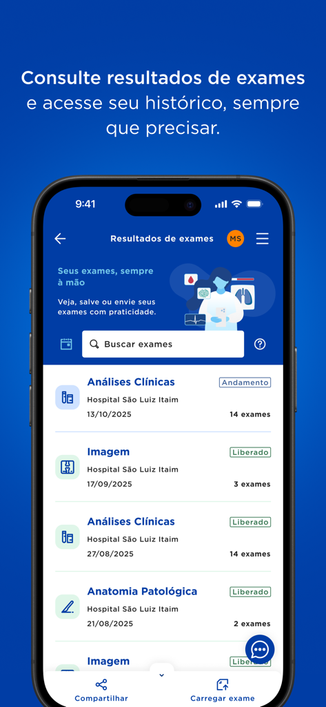Interfaz de la app Rede Dor que muestra resultados de exámenes médicos e historial