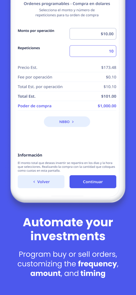 Écran mobile montrant la fonctionnalité d'investissement automatisé pour programmer les ordres d'achat et de vente par fréquence et montant