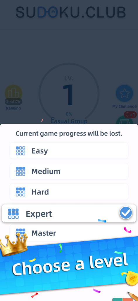 Sudoku - Aged Studio - Una pantalla en la aplicación Sudoku - Aged Studio que muestra opciones de nivel de dificultad, incluyendo Fácil, Medio, Difícil, Experto y Maestro, con un banner de Elegir un Nivel.