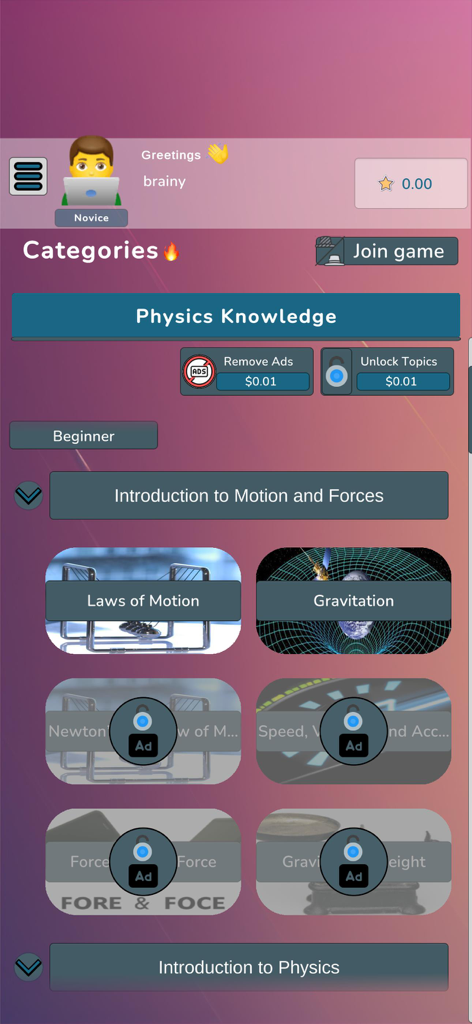 Physics Quiz - Trivia - Categories screen of the Physics Quiz app displaying topics like Laws of Motion and Gravitation