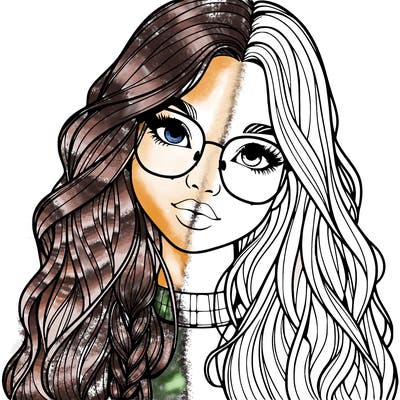 girl with long hair and freckles and glasses realistic