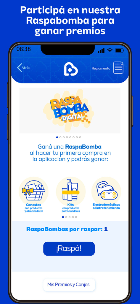 Mobile screen of Farmacia La Bomba app showing the Raspabomba digital scratch card game and prizes like gift baskets and kits.
