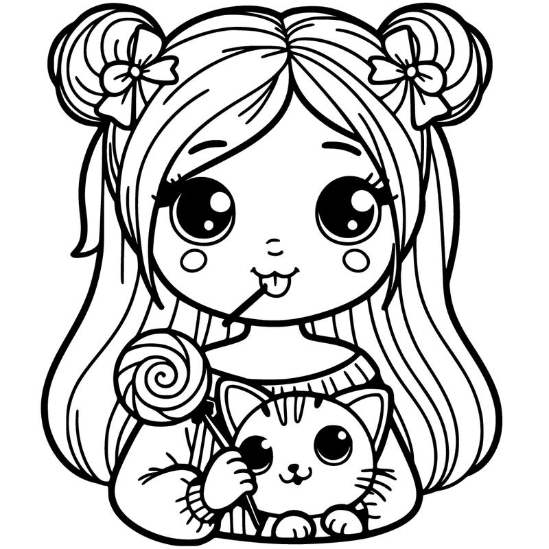 girl holdig a cat and has a lolipop in her mouth