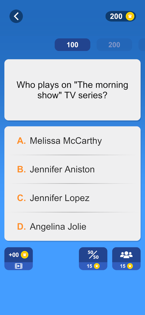 Millionaire Quiz - Pantalla de juego de trivia de Millonario Quiz mostrando una pregunta sobre los actores de "The Morning Show"