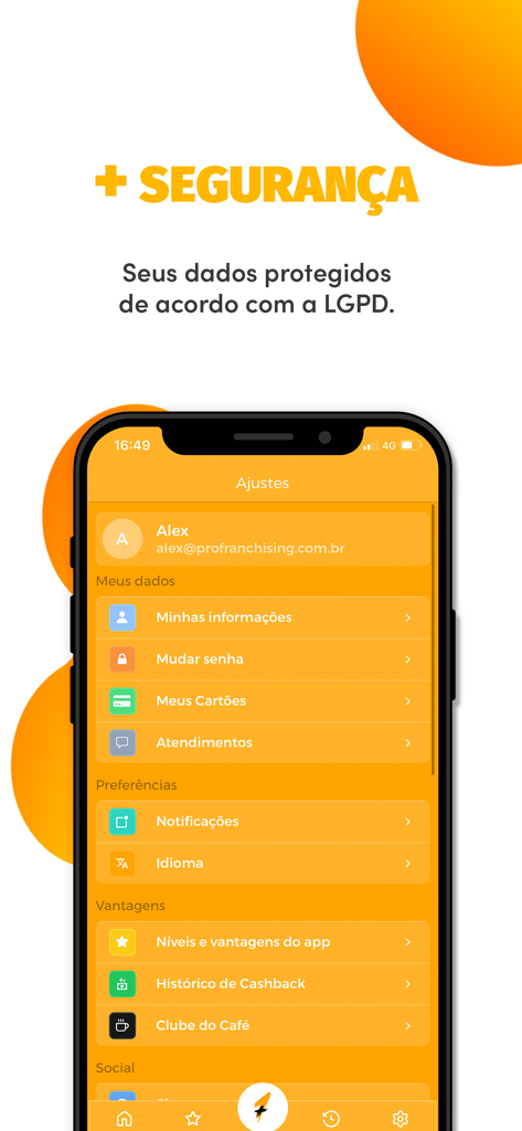 Mais1 Café - User settings and account security screen in the Mais1 Cafe app showing loyalty rewards and profile options