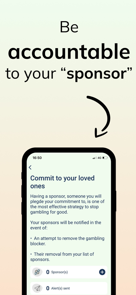 Gambling Block Quit Bet Casino - Sponsor accountability screen in the Gambling Block app.