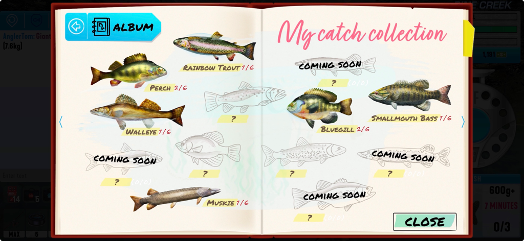 Fishing Friends 3D - Big Catch - Álbum de colección de capturas digitales que muestra especies de peces capturados y el progreso en Fishing Friends 3D