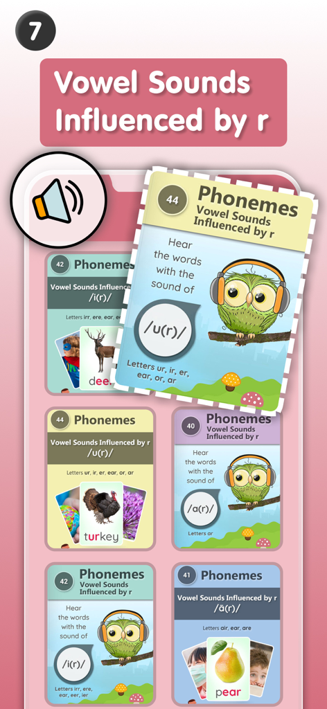 Phonics app screen showing educational flashcards for vowel sounds influenced by the letter r with an owl mascot.