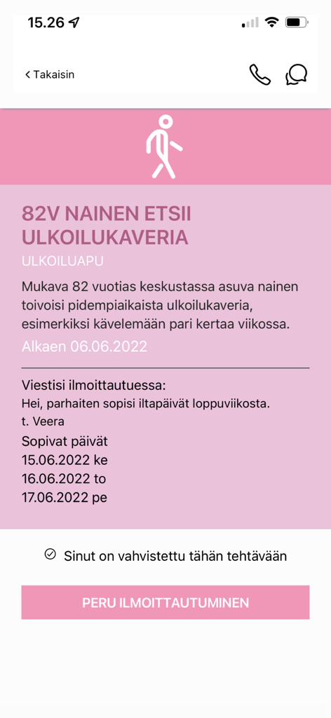 HelpingApp 애플리케이션에서 자원봉사자 활동의 세부 정보 및 확인을 보여주는 모바일 화면