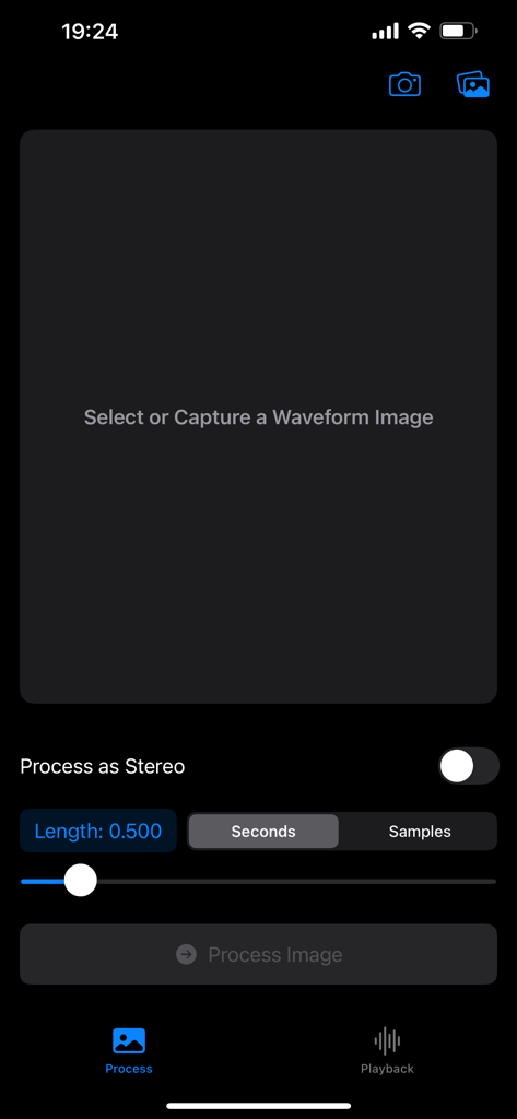 Waveform Camera - Oberfläche der Waveform Camera App zur Auswahl eines Bildes und zur Anpassung von Audioverarbeitungseinstellungen wie Länge und Stereomodus.