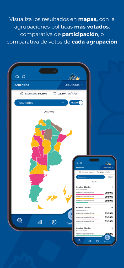 Interface of the Elecciones Legislativas 2025 app showing election results on a color-coded map of Argentina.