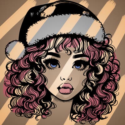 realistic girl with a santa hat curly hair and lips