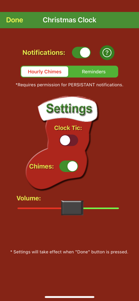 Christmas Clock - Settings interface for the Christmas Clock mobile app featuring chime and volume controls