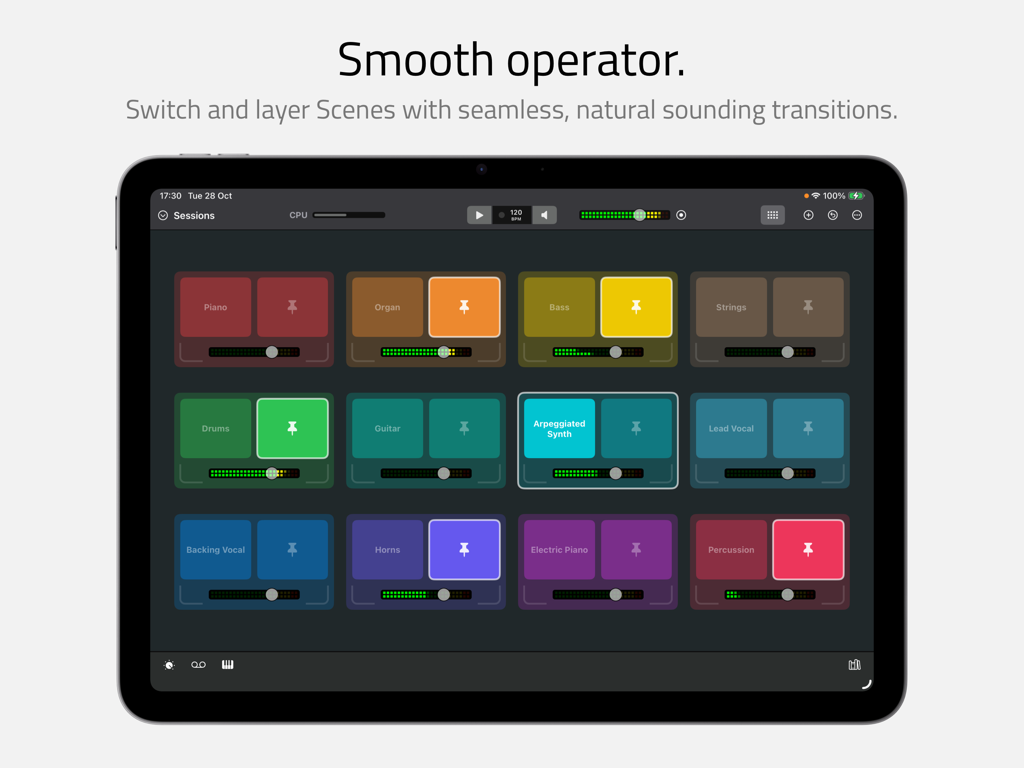 Sessions app interface on iPad showing a grid of colorful instrument scenes for seamless switching and layering