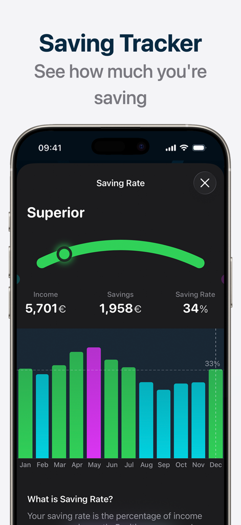 Brim 예산 추적기 앱 인터페이스 - 월별 막대 차트 및 우수 상태 표시기와 함께 34% 저축률 표시