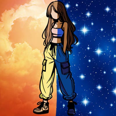 girl in baggy pants crop top and long hair