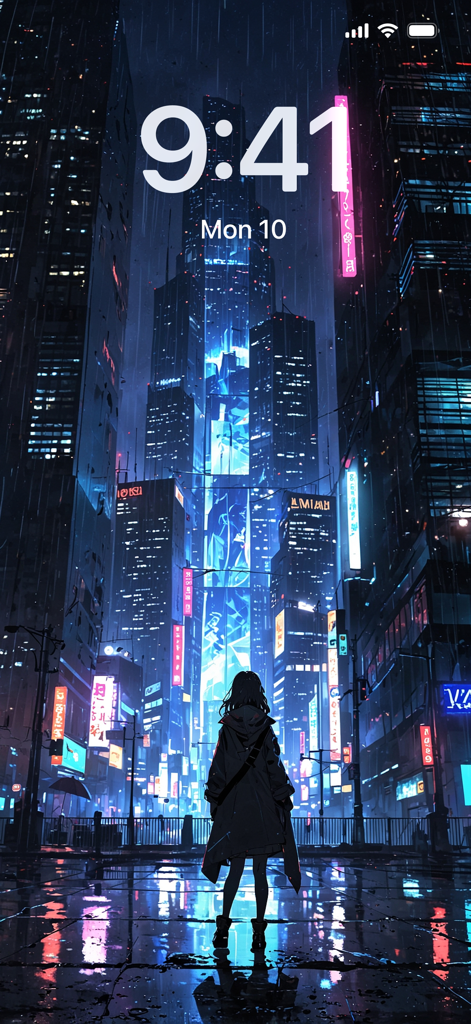 Cyberpunk anime city lock screen wallpaper with neon lights and rainy streets