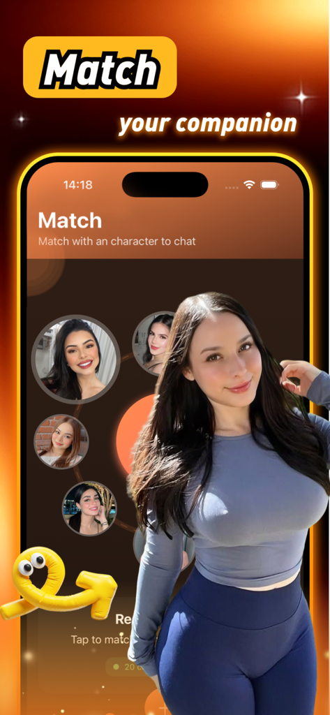 Vexol - Interface of Vexol app showing the smart matching screen to find and chat with diverse AI companions