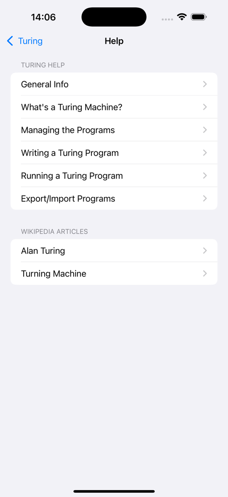 Turing Machine Simulator - Help menu screen of the Turing Machine Simulator app with links to tutorials and Wikipedia articles about Alan Turing.