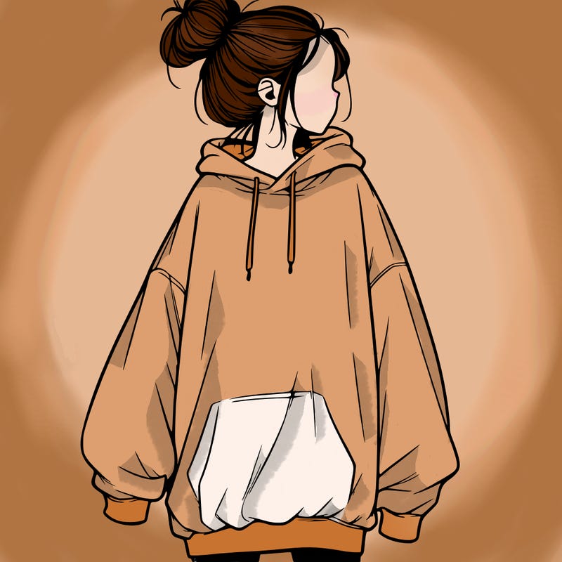 realistic girl with a oversized sweatshirt on and a bun